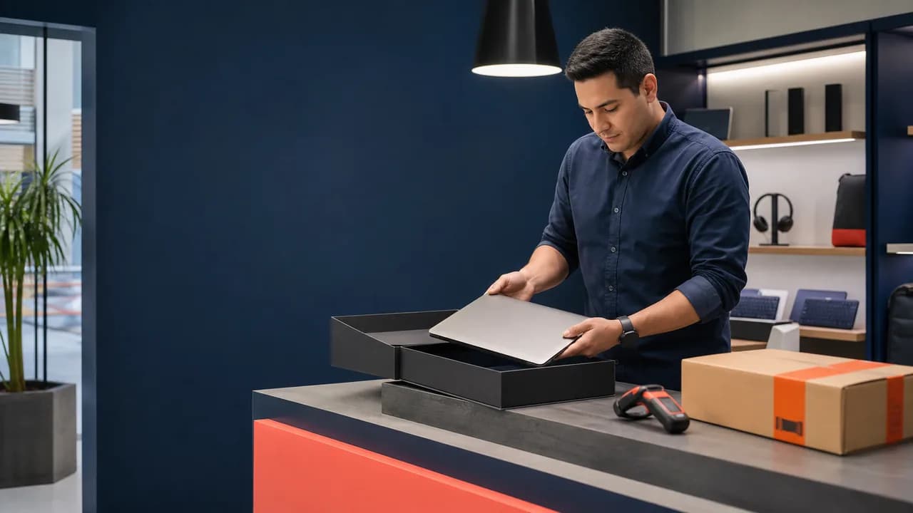 Especialista preparando un pedido de tecnología para su entrega